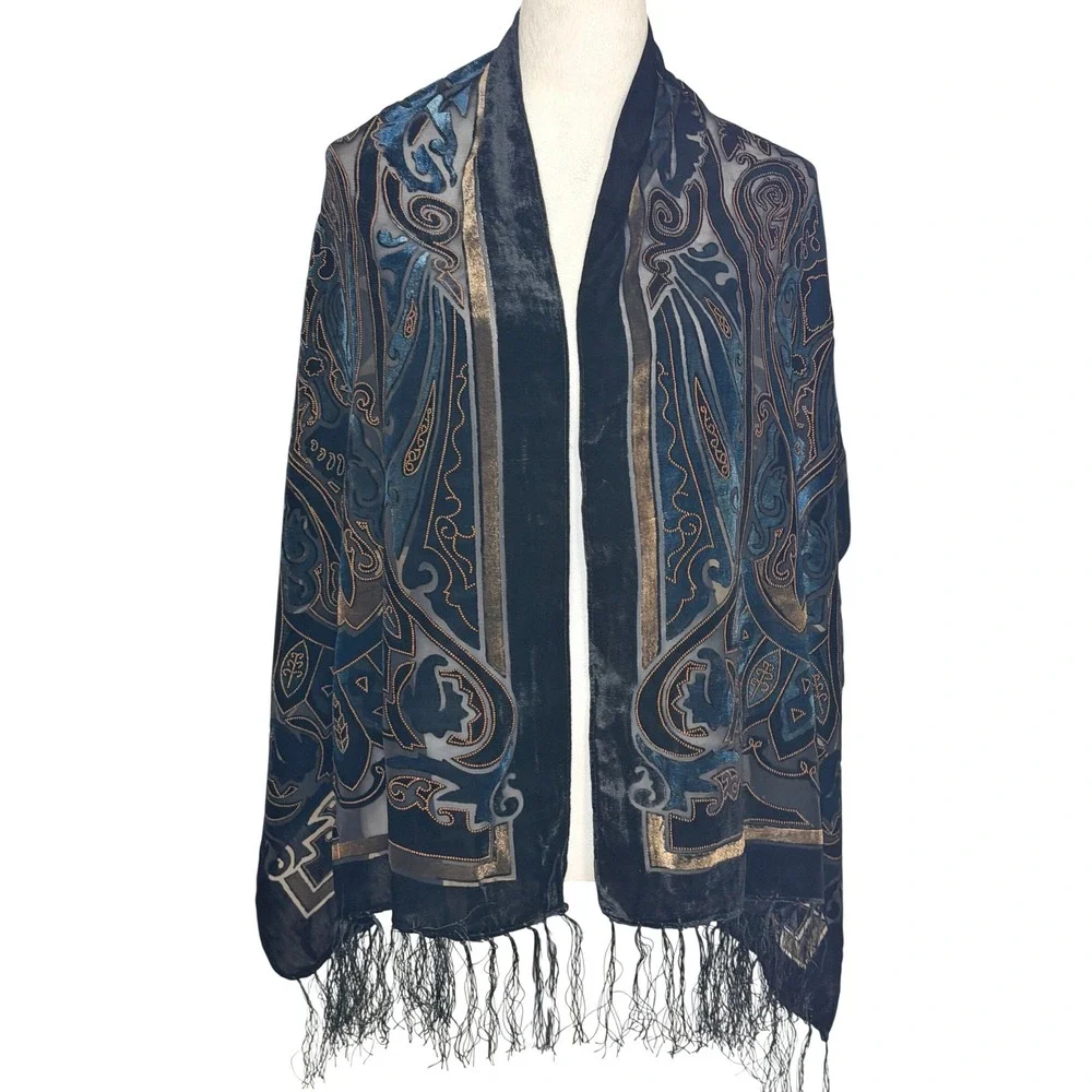 Vintage Italian Silk Blend Velvet Burnout Paisley Scarf Fringe Boho Wrap Shawl